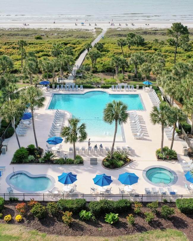 Aerial view of resort and beach on Hilton Head Island